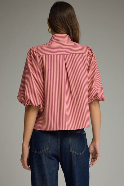 Stripe Self-Tie Neck Short Puff Sleeve Top: Wine