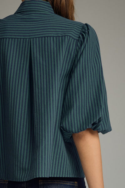 Stripe Self-Tie Neck Short Puff Sleeve Top: Hunter Green