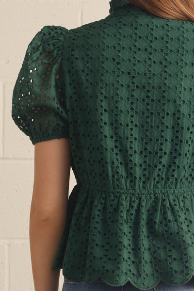 Solid Eyelet Puff Sleeve Top: Green