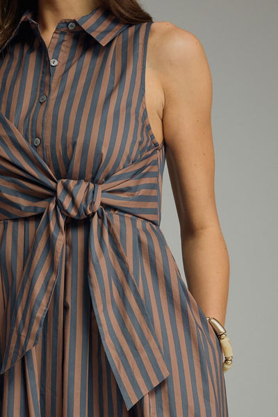 Stripe Tie Accent Dress - Navy/Brown