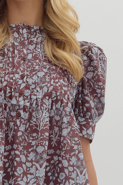 Brown Floral Puff Sleeve Pintuck Top