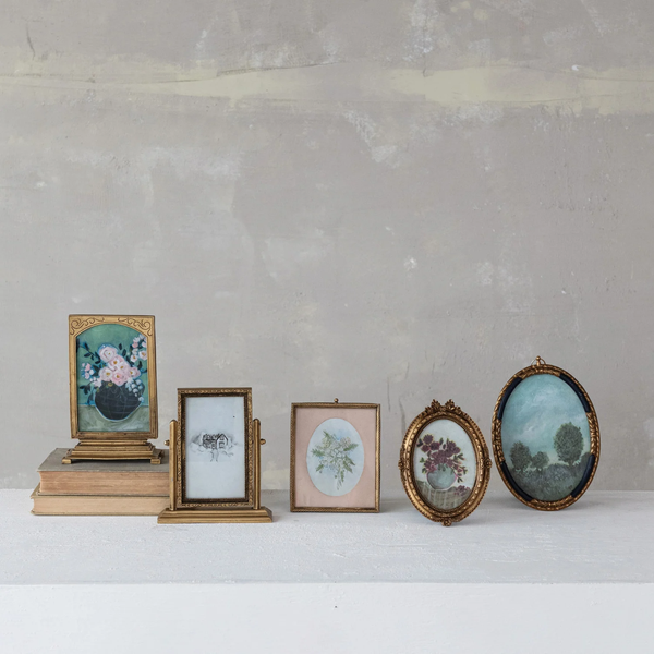 Pewter & Glass Photo Frames with Art, Set of 6 ©