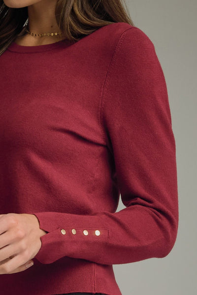 Solid Round Neck Long Sleeve Knit Top: Wine