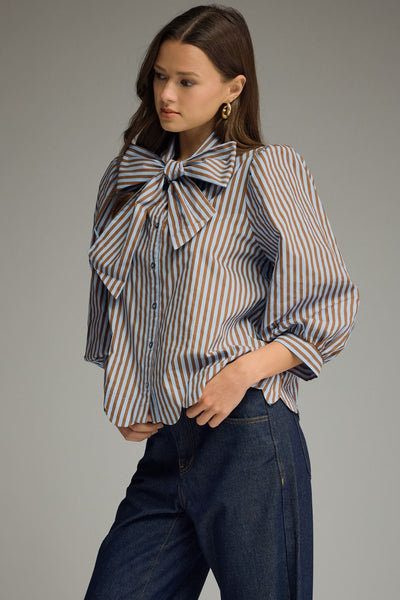 Stripe Self-Tie Neck Puff Sleeve Top: Blue Brown