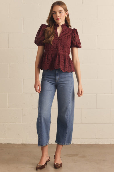 Solid Eyelet Puff Sleeve Top: Burgundy