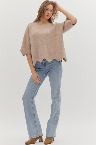 Taupe Knit Scalloped Sweater