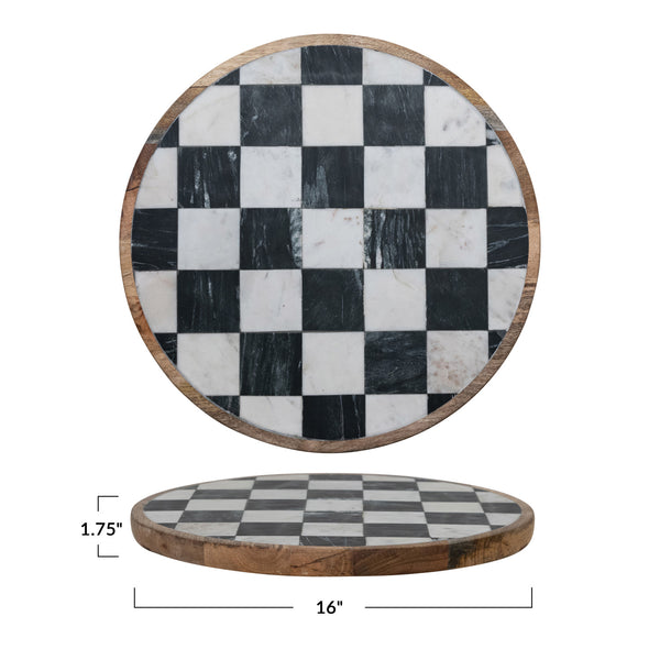 Mango Wood & Marble Check Lazy Susan, White, Black & Natural (Each One Will Vary)