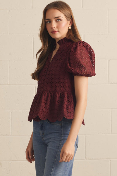 Solid Eyelet Puff Sleeve Top: Burgundy