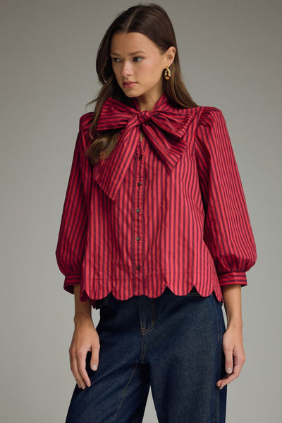 Stripe Self-Tie Neck Puff Sleeve Top: Red Brown