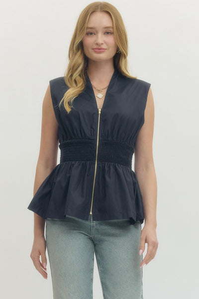 Solid Sleeveless Zip Up Top - Navy