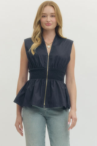 Solid Sleeveless Zip Up Top - Navy