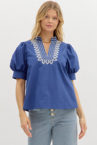 Embroidered V-Neck Puff Sleeve Top