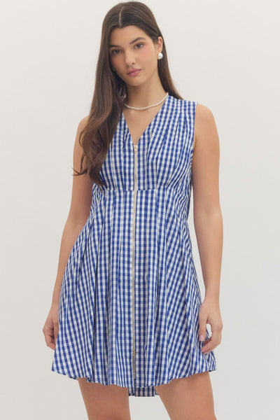 Gingham Zip Up Mini Dress - Navy Blue
