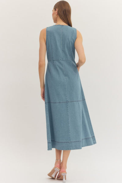 Sleeveless Equestrian Midi Denim Dress - Light Blue