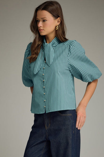 Stripe Self-Tie Neck Short Puff Sleeve Top: Blue