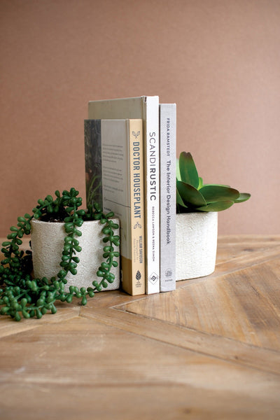 White Concrete Bookend Planters, pair