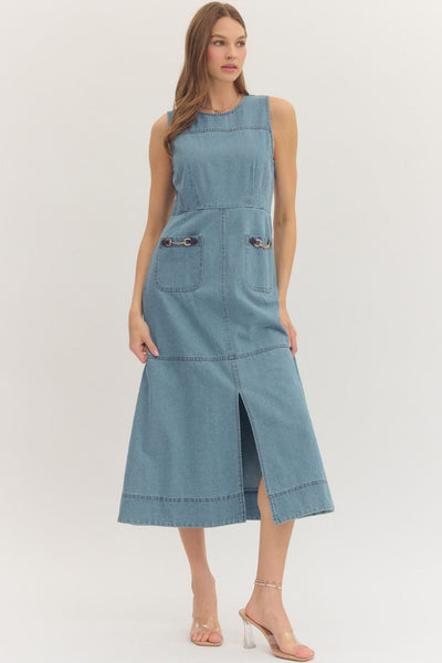 Sleeveless Equestrian Midi Denim Dress - Light Blue