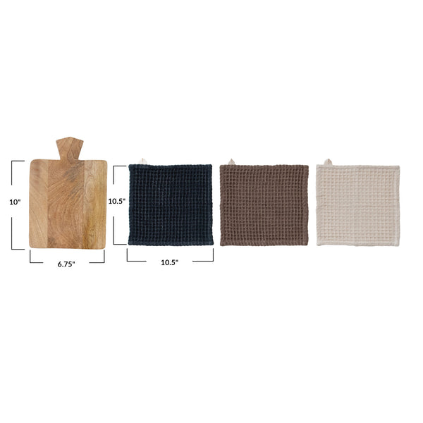 (3) Waffle Weave Dish Cloths w/ Cheese/Serving Board, Set of 4 Tied w/ Cotton Tape