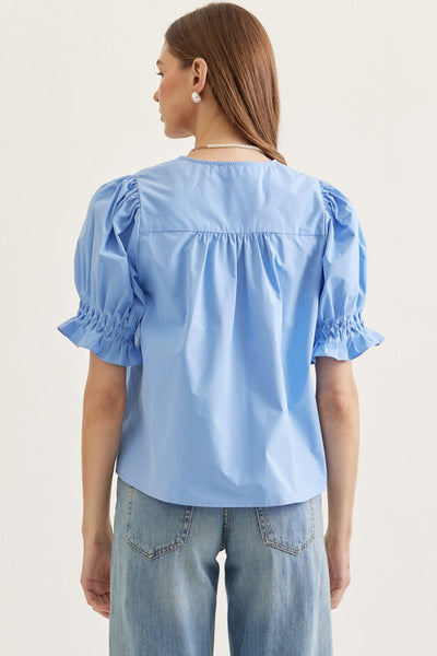 Short Sleeve Puff Sleeve Top - Chambray Blue