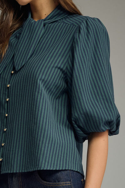 Stripe Self-Tie Neck Short Puff Sleeve Top: Hunter Green