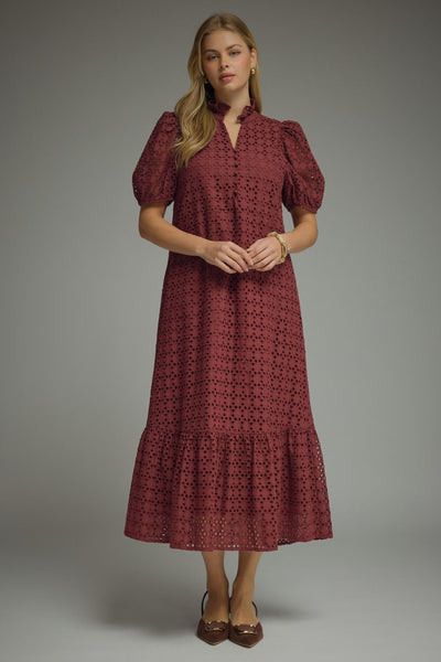 Eyelet Short Puff Sleeve Midi Dress: Burgundy