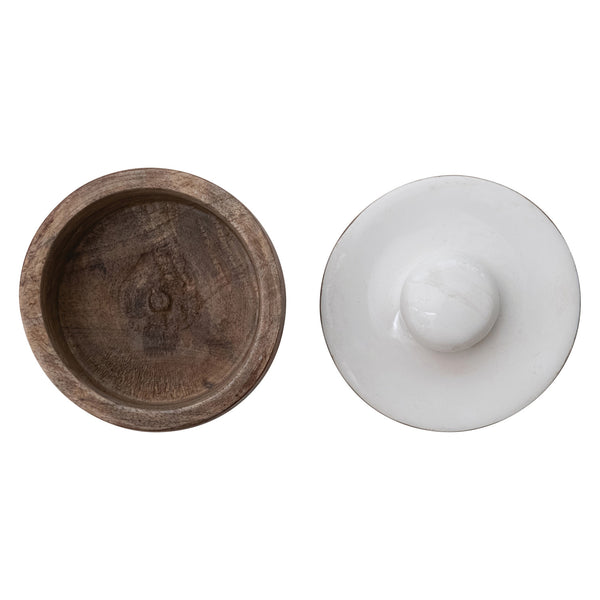 Mango Wood Pinch Pot w/ Enameled Lid, Natural & White