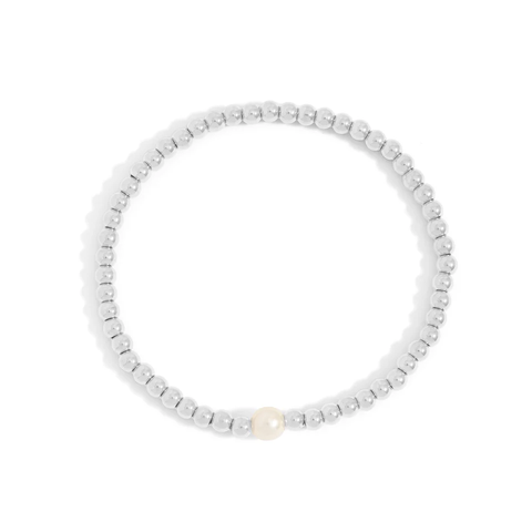 Waterproof Silver Beaded Pearl Accent Stretch Bracelet: 6mm