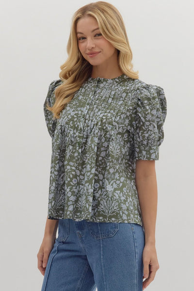 Floral Puff Sleeve Pintuck Top