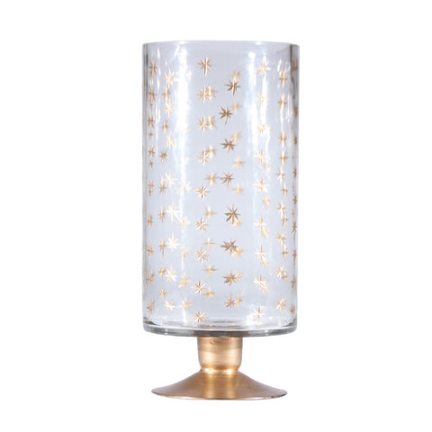 Hand-Painted Etched Glass Footed Hurricane with Starburst Pattern