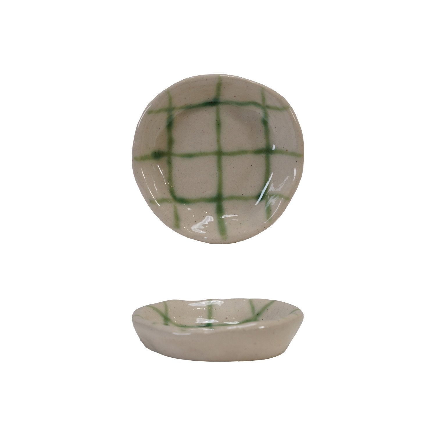 Hand-Painted Stoneware Dish with Grid Pattern, Green & Cream Color