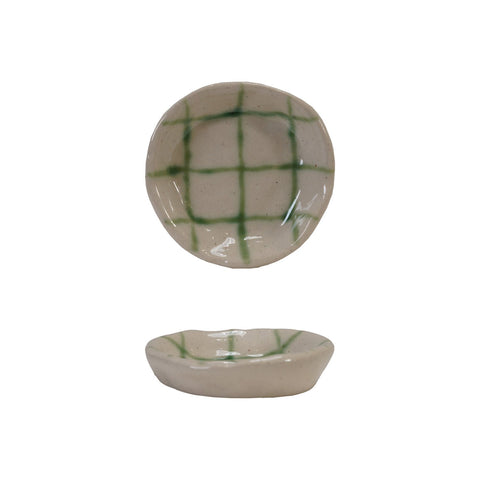Hand-Painted Stoneware Dish with Grid Pattern, Green & Cream Color