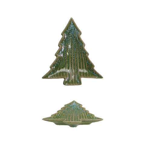 Stoneware Ribbed Tree Shaped Plate, Blue & Green (Each Will Vary)