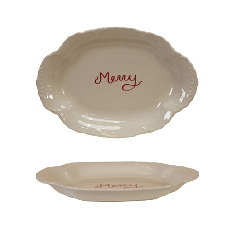 Stoneware Scalloped Platter with Embossed Edge "Merry"