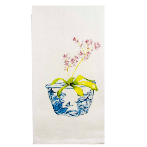 Purple Orchid In Blue-White Pot Tea Towel
